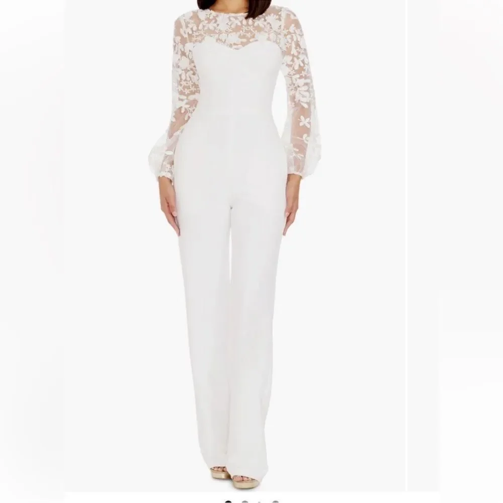 Dress the Population Mila Long Sleeve White Lace Jumpsuit 3d flowers - Picture 2 of 14